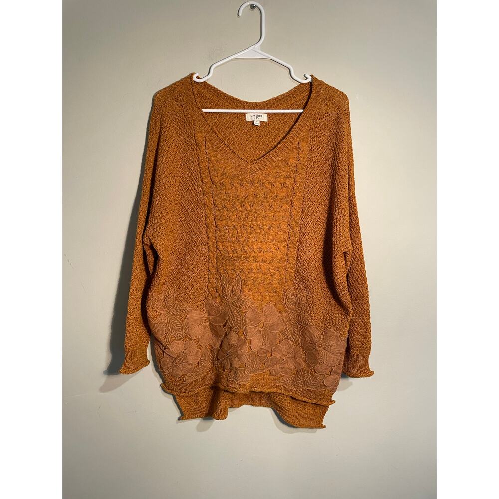 Umgee Orange Cable Knit‎ Floral Appliqué Sweater Size Small